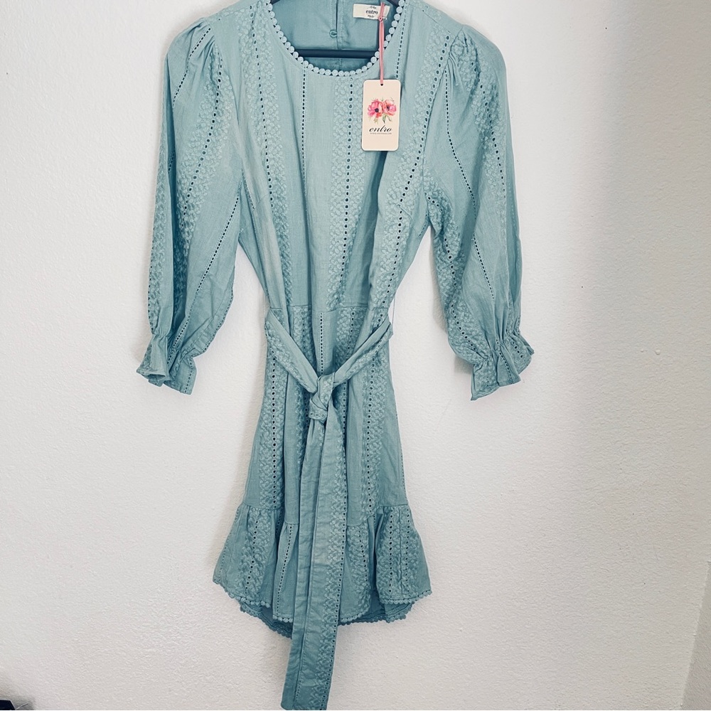 Eyelet Backless Mini Dress w/ round neckline and puff sleeves. Teal color - Picture 8 of 8